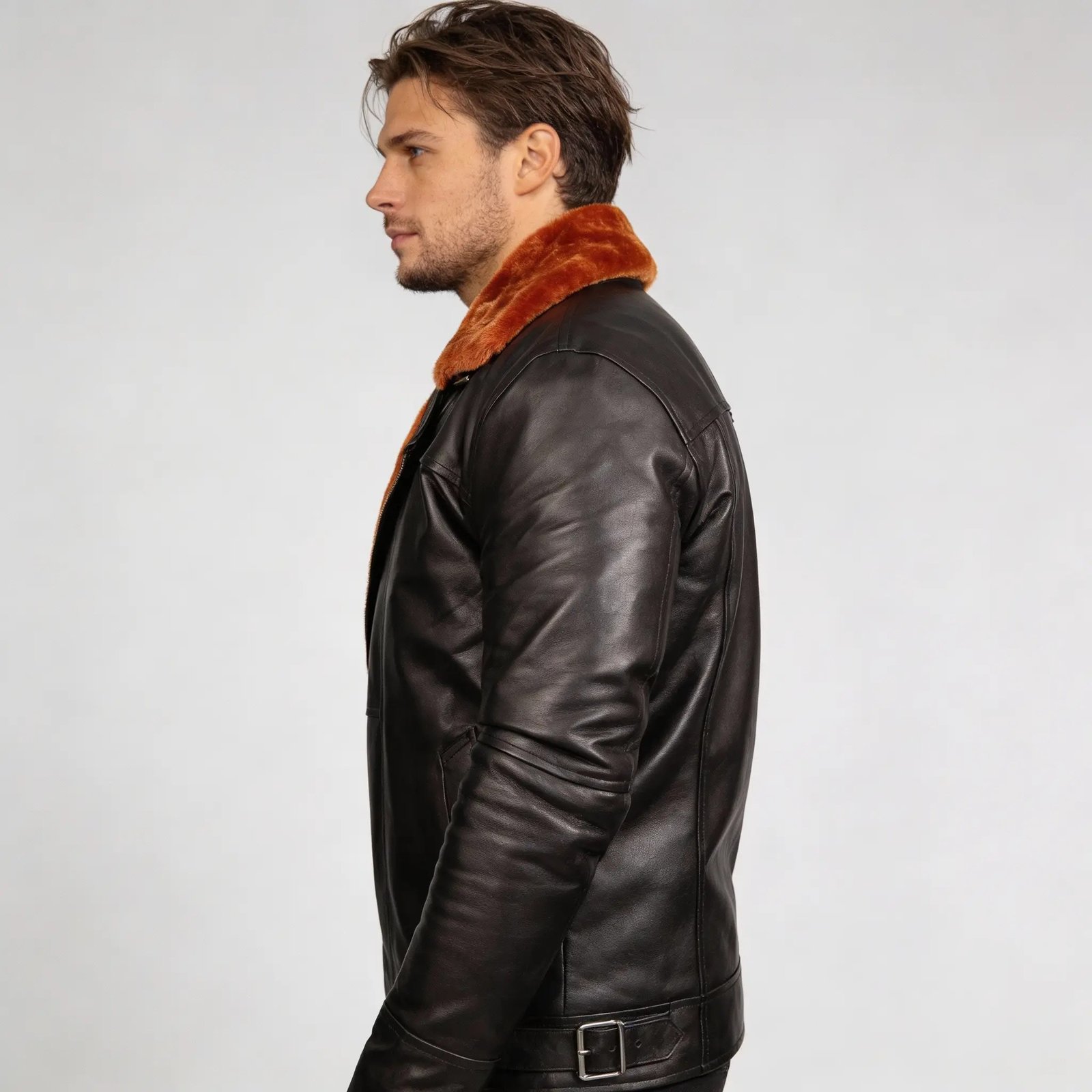 Men’s Black Aviator Bomber Fur Shearling Sheepskin Leather Jacket - Image 5