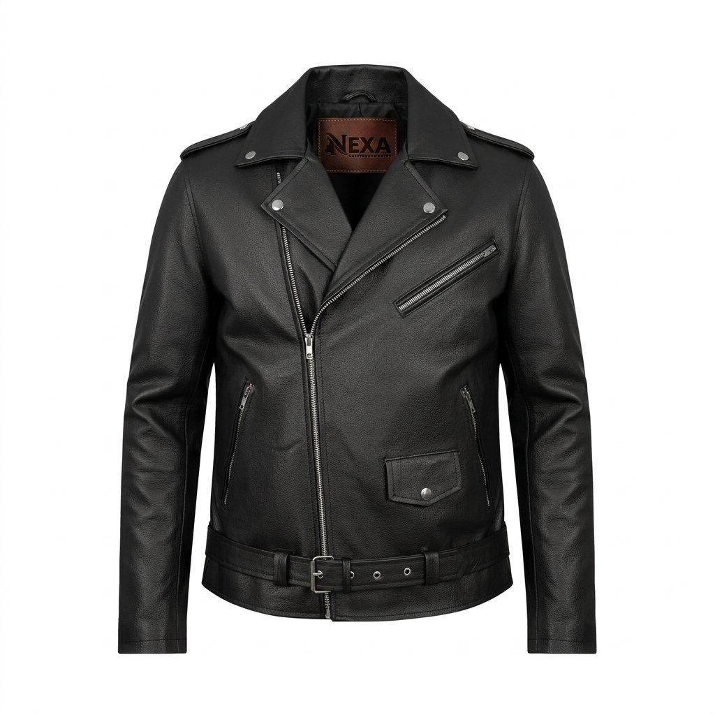 Men’s Black Belted Leather Motorcycle Jacket