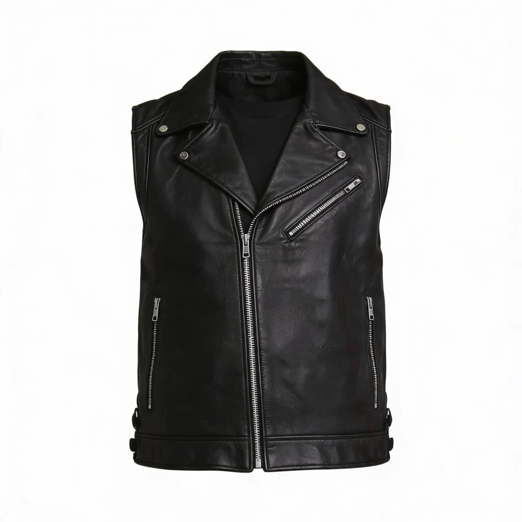 Men’s Black Biker Zipper Leather Vest