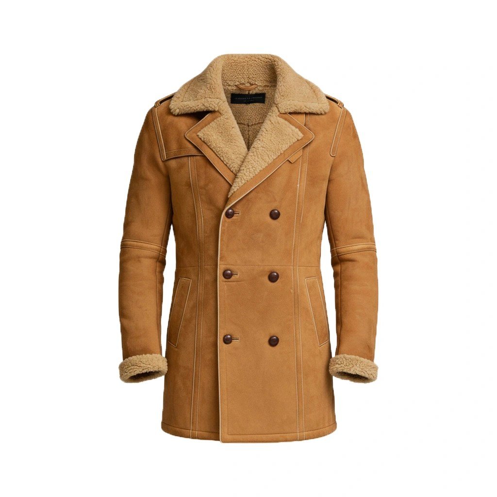 Men’s Brown Shearling Sheepskin Leather Pea Coat