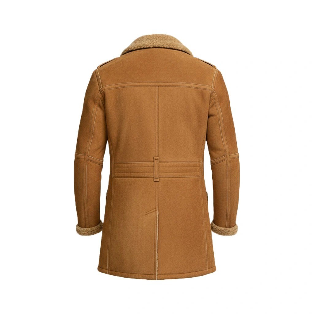 Men’s Brown Shearling Sheepskin Leather Pea Coat - Image 7
