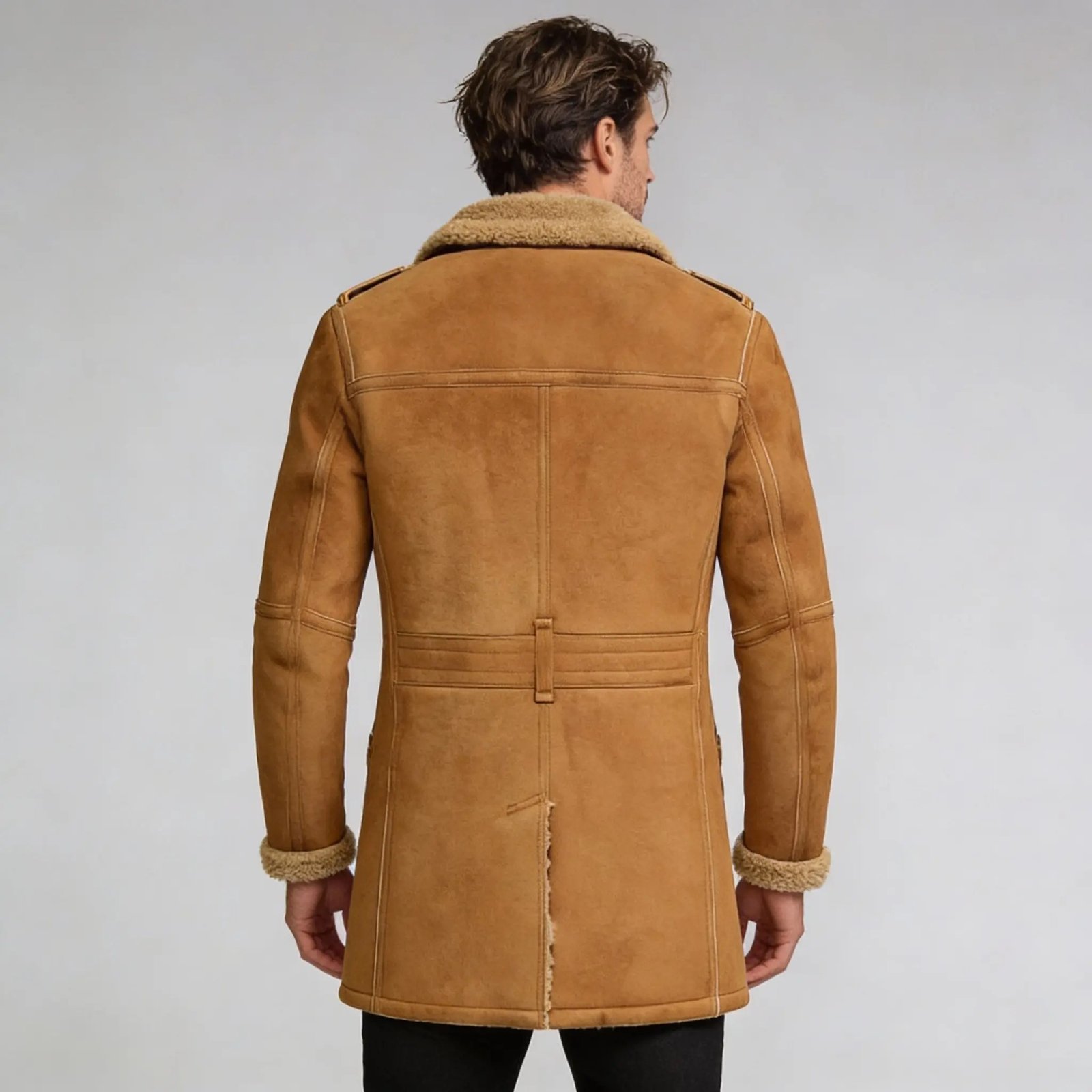 Men’s Brown Shearling Sheepskin Leather Pea Coat - Image 4