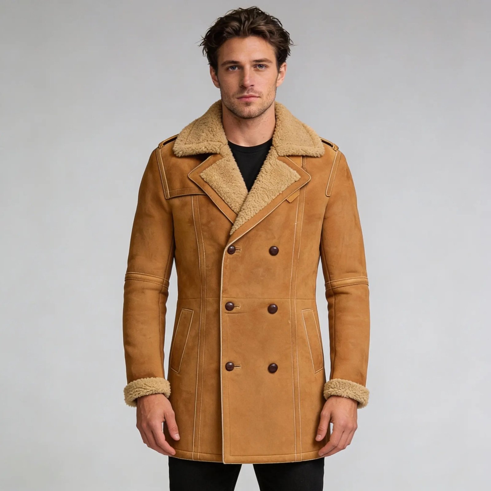 Men’s Brown Shearling Sheepskin Leather Pea Coat - Image 2