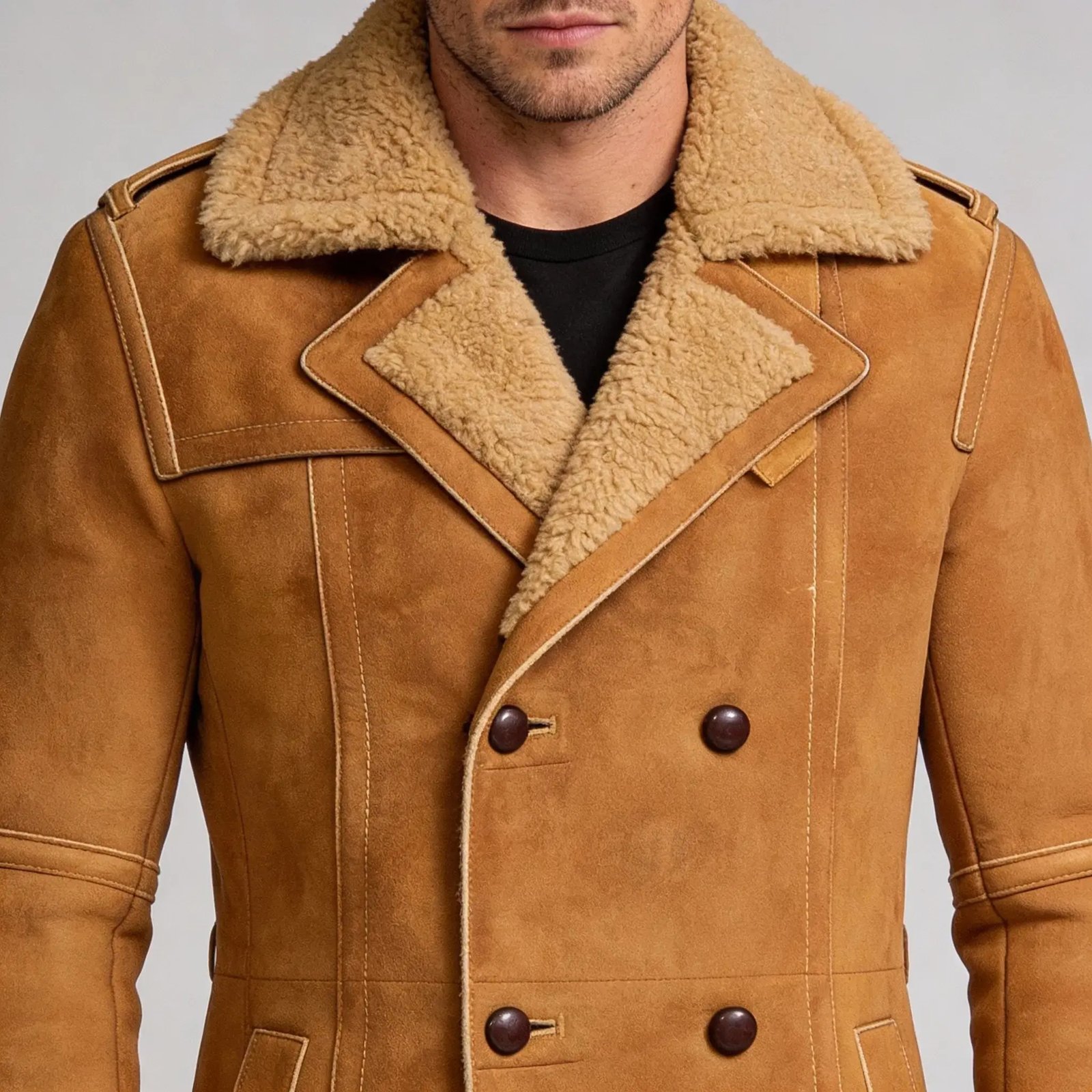 Men’s Brown Shearling Sheepskin Leather Pea Coat - Image 6