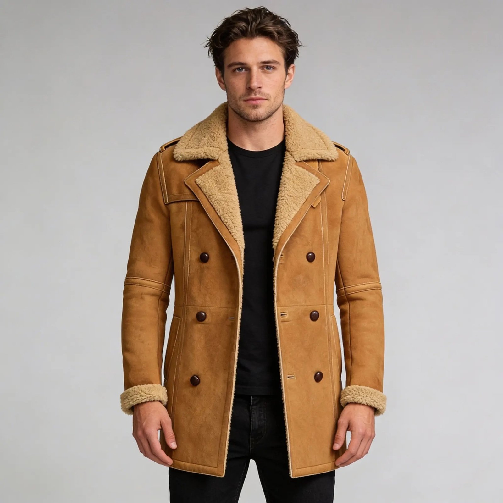 Men’s Brown Shearling Sheepskin Leather Pea Coat - Image 3