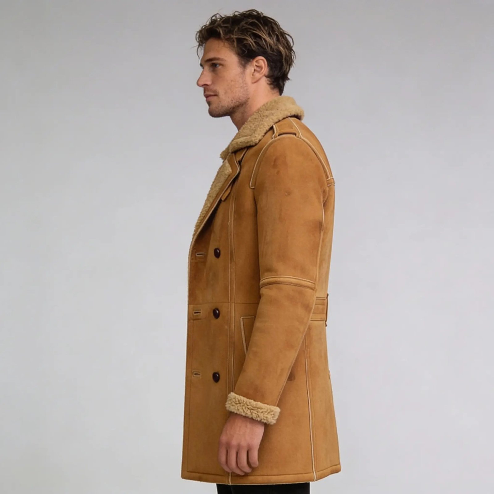 Men’s Brown Shearling Sheepskin Leather Pea Coat - Image 5