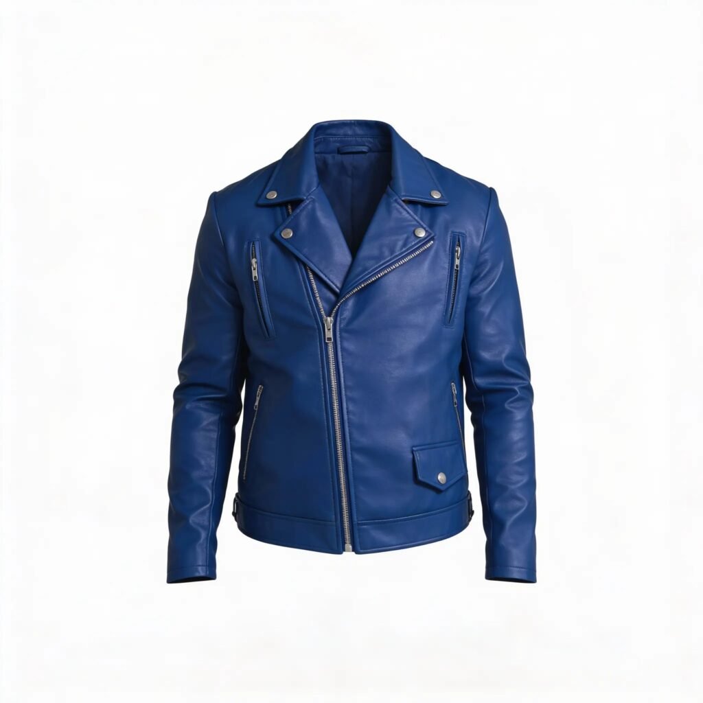 Men’s Cafe Racer Sheepskin Blue Leather Jacket