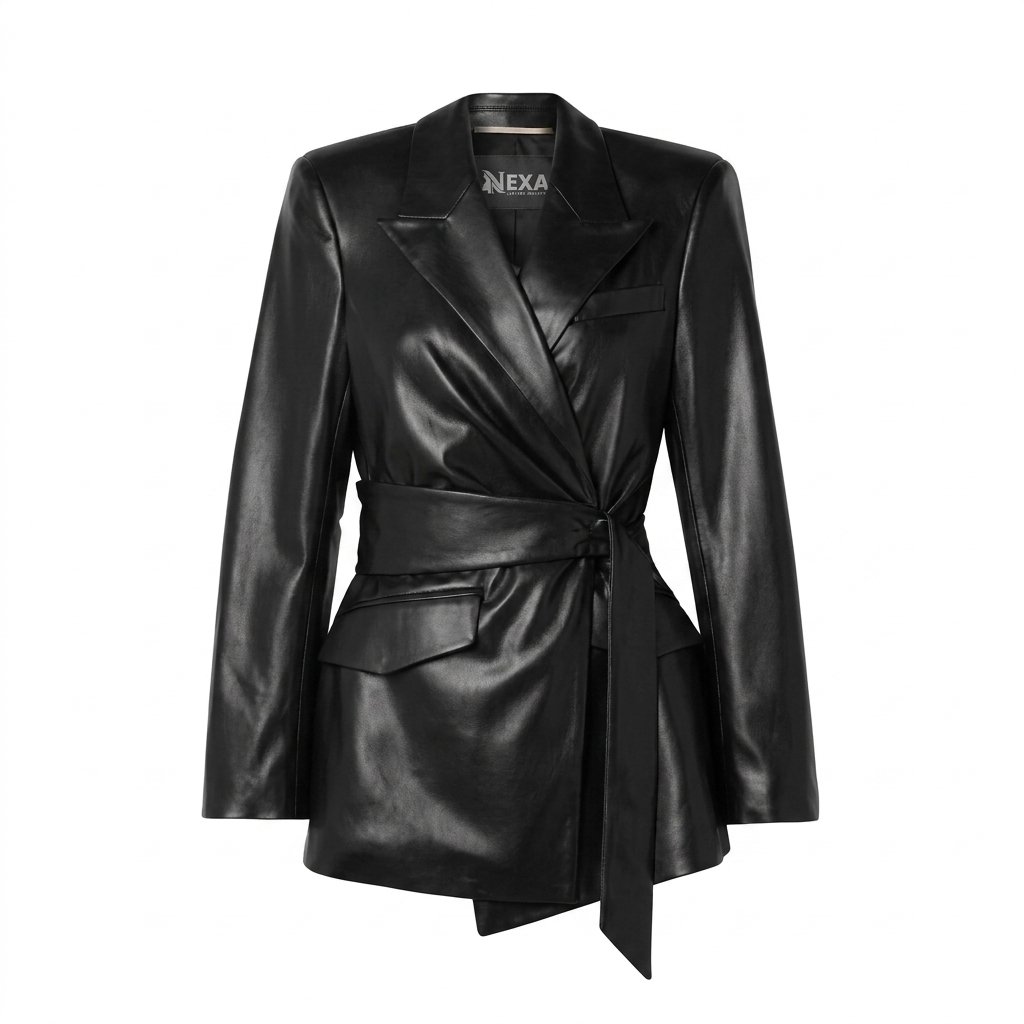 Women’s Black Belted Leather Blazer Jacket