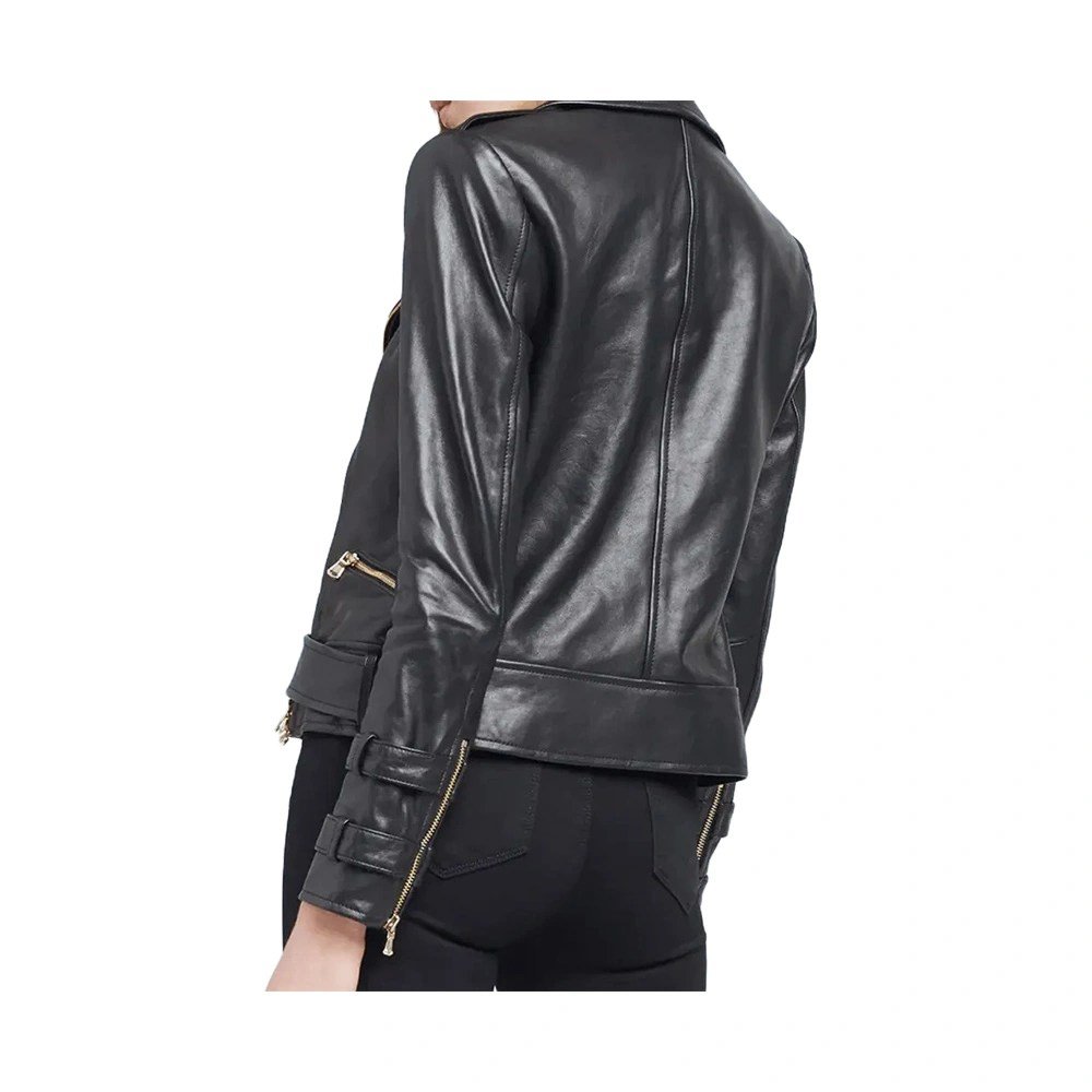 Women’s Black Biker Belted Leather Jacket - Image 2