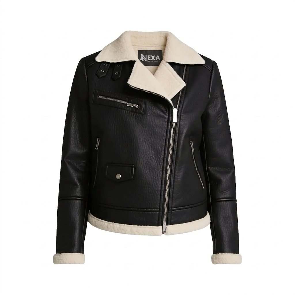 Women’s Black Biker Shearling Aviator Leather Jacket