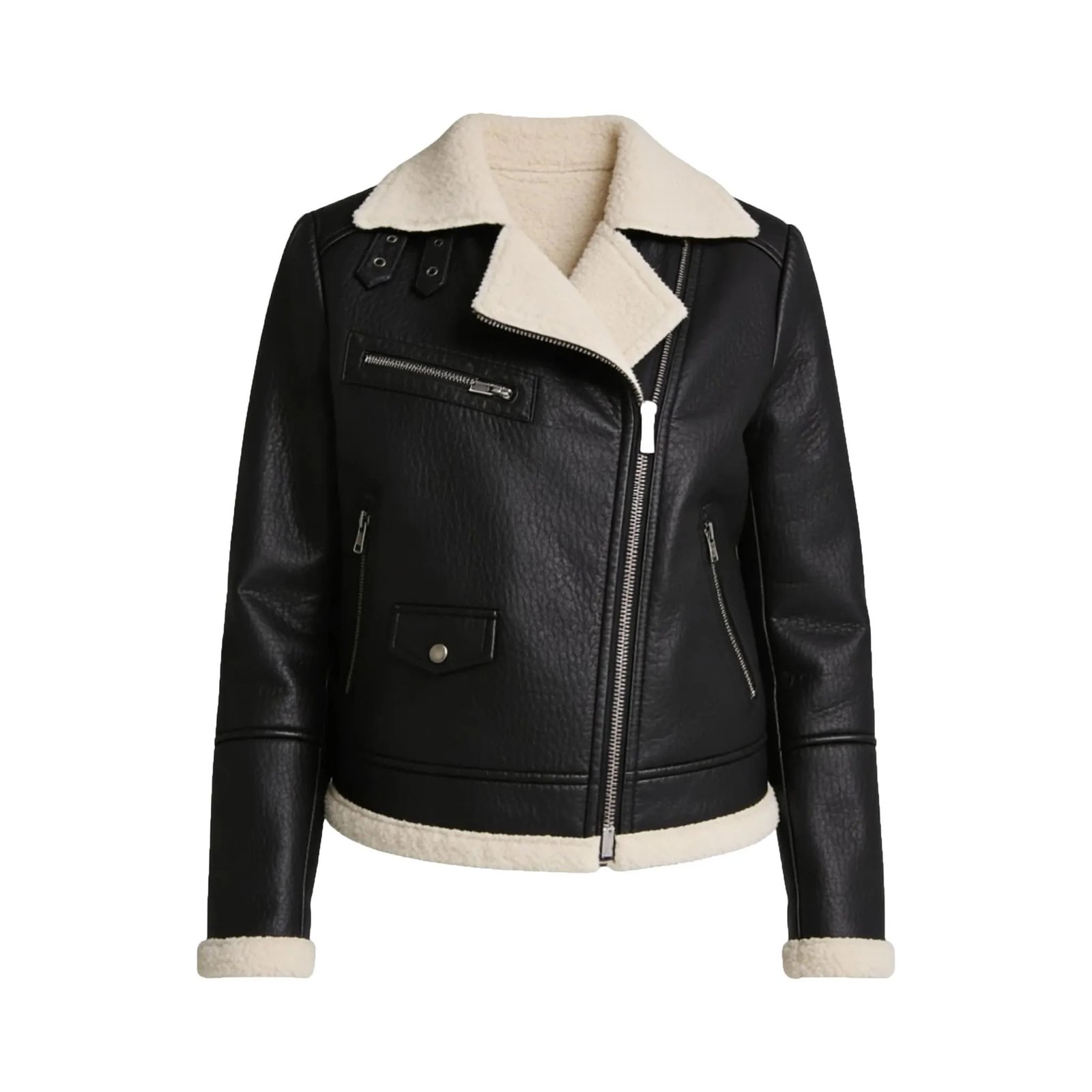 Women’s Black Biker Shearling Aviator Leather Jacket