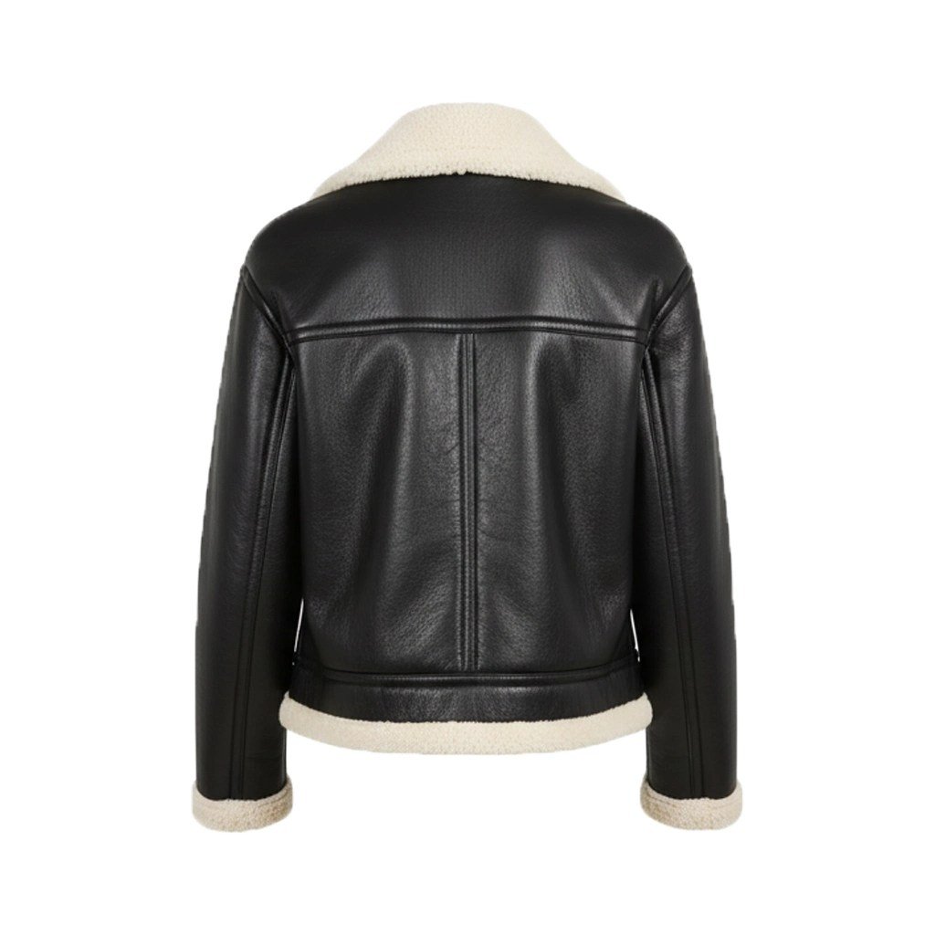Women’s Black Biker Shearling Aviator Leather Jacket - Image 7