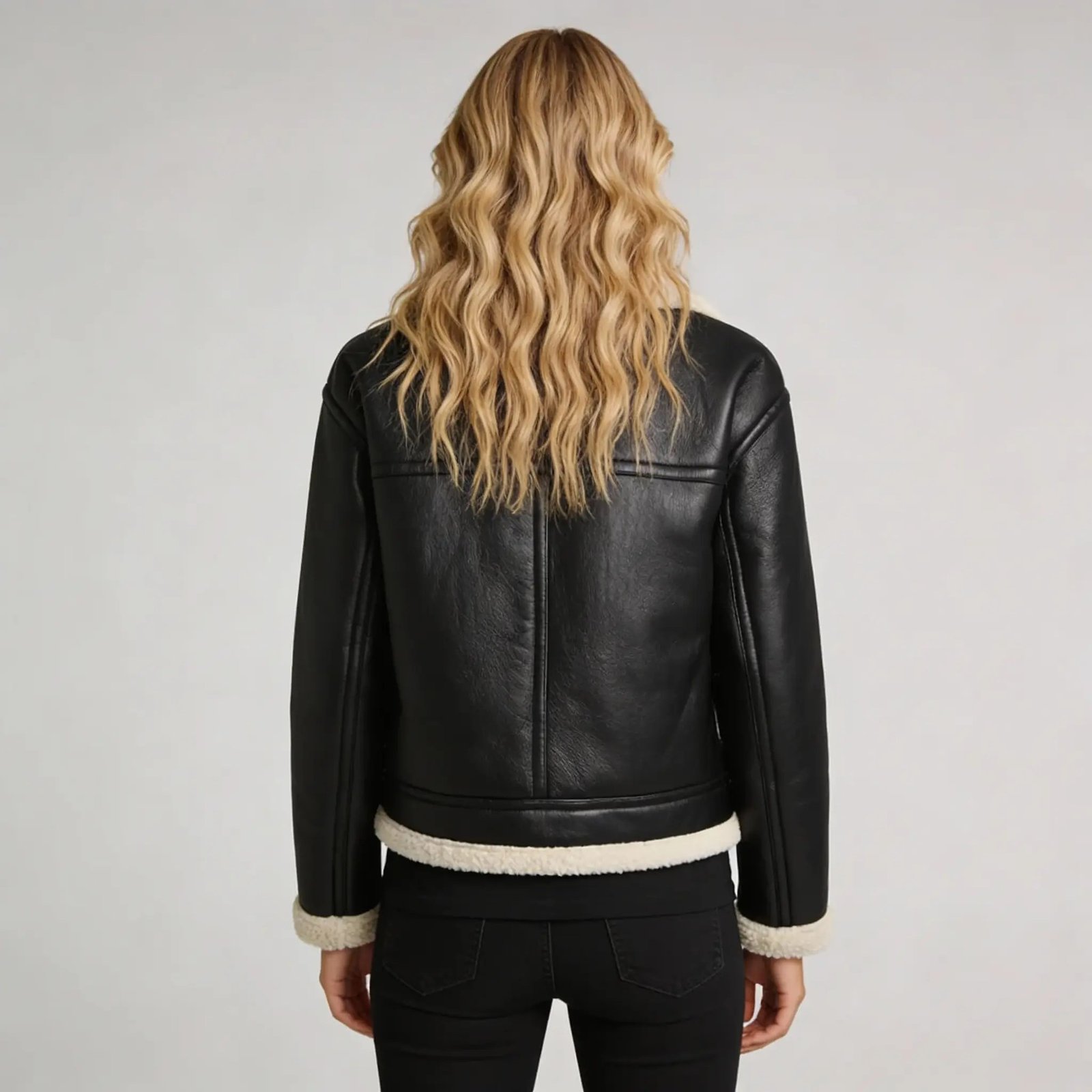 Women’s Black Biker Shearling Aviator Leather Jacket - Image 4