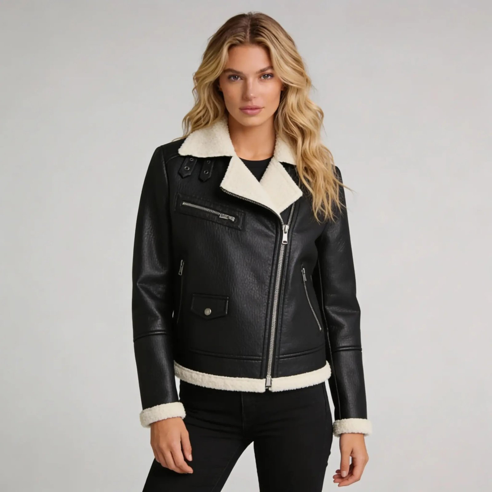Women’s Black Biker Shearling Aviator Leather Jacket - Image 2