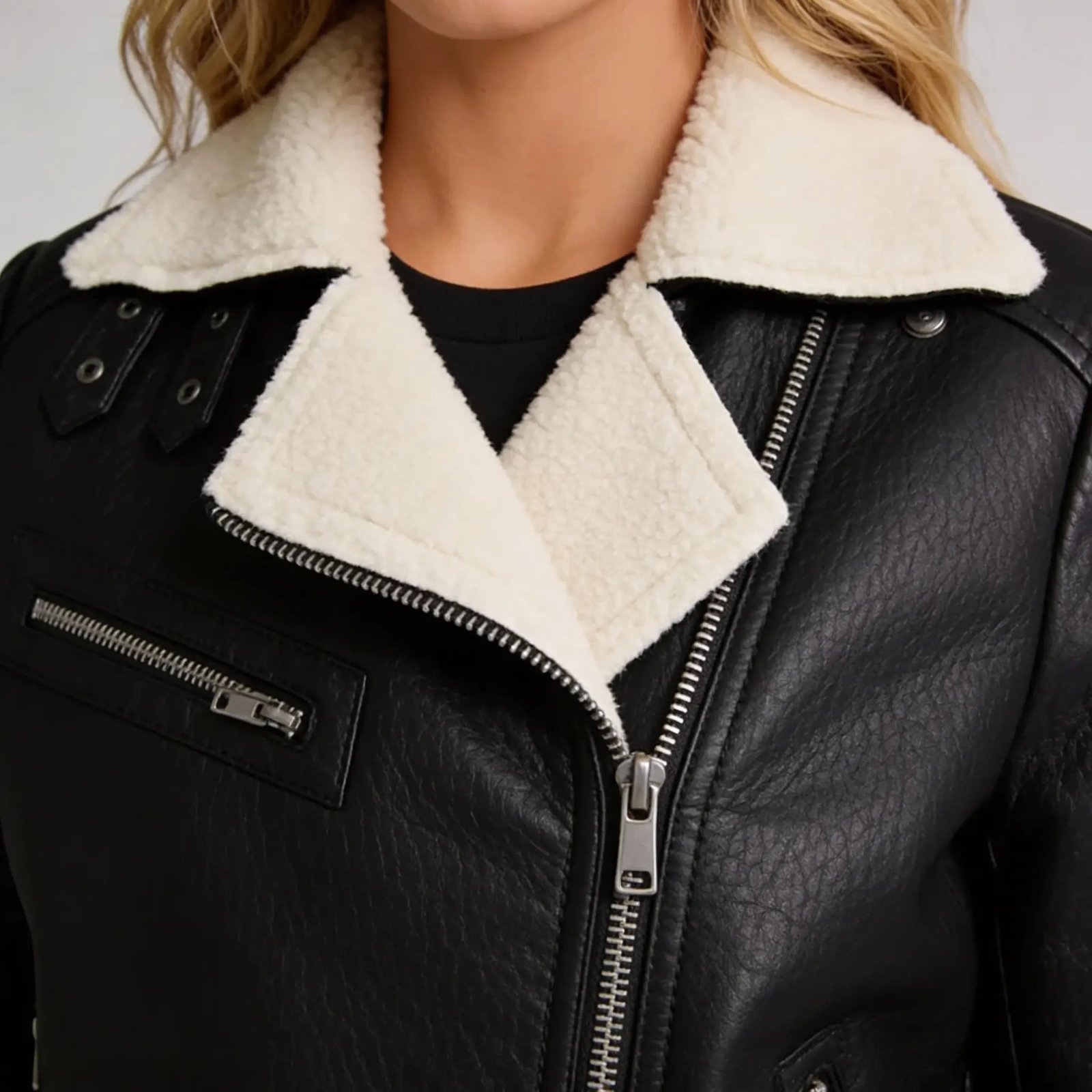 Women’s Black Biker Shearling Aviator Leather Jacket - Image 6