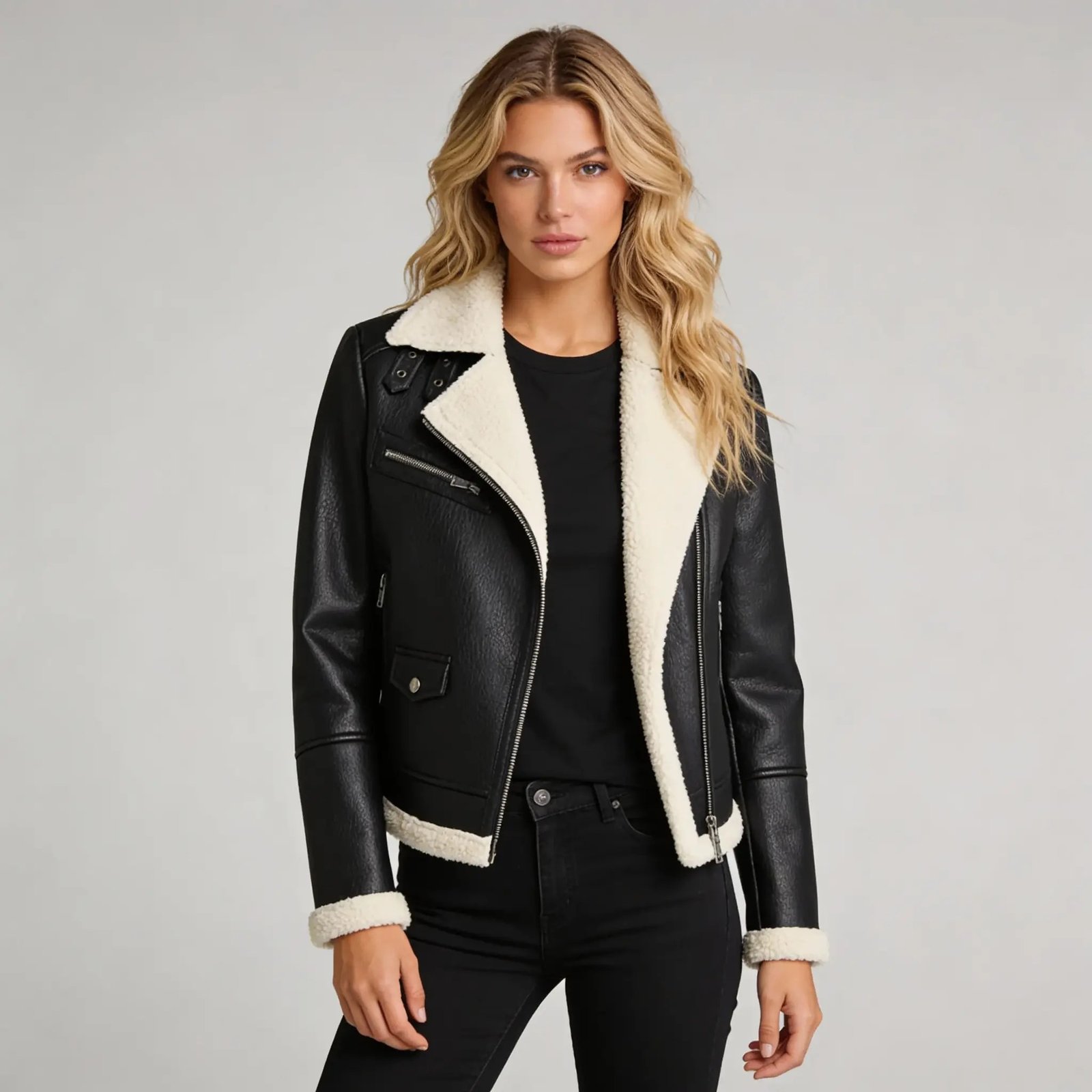 Women’s Black Biker Shearling Aviator Leather Jacket - Image 3