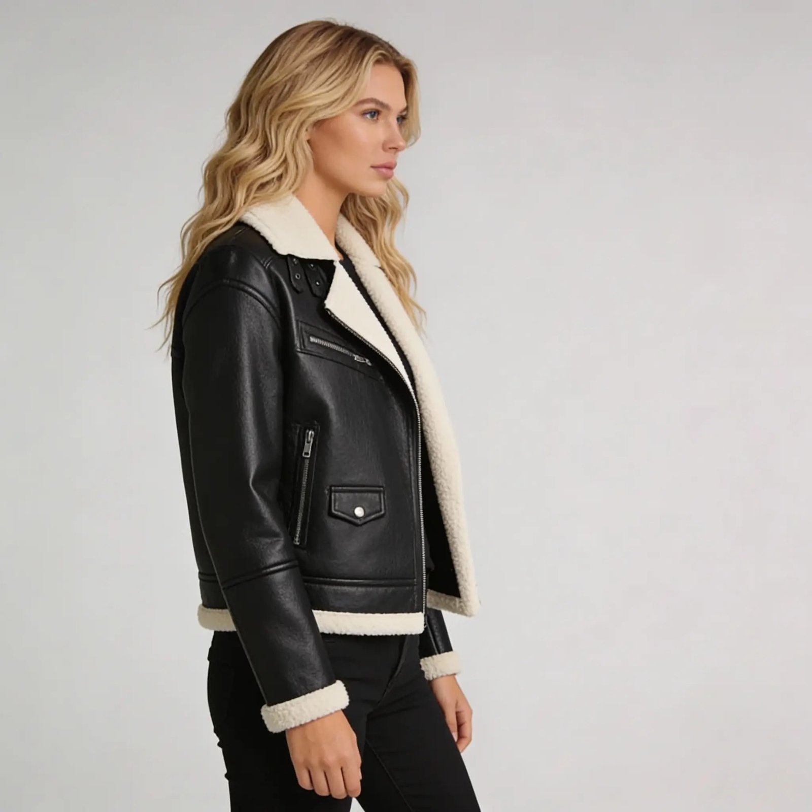 Women’s Black Biker Shearling Aviator Leather Jacket - Image 5