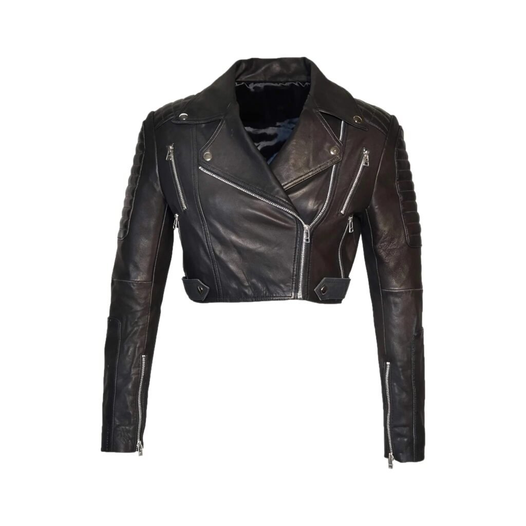 Women’s Black Short Cropped Biker Leather Jacket