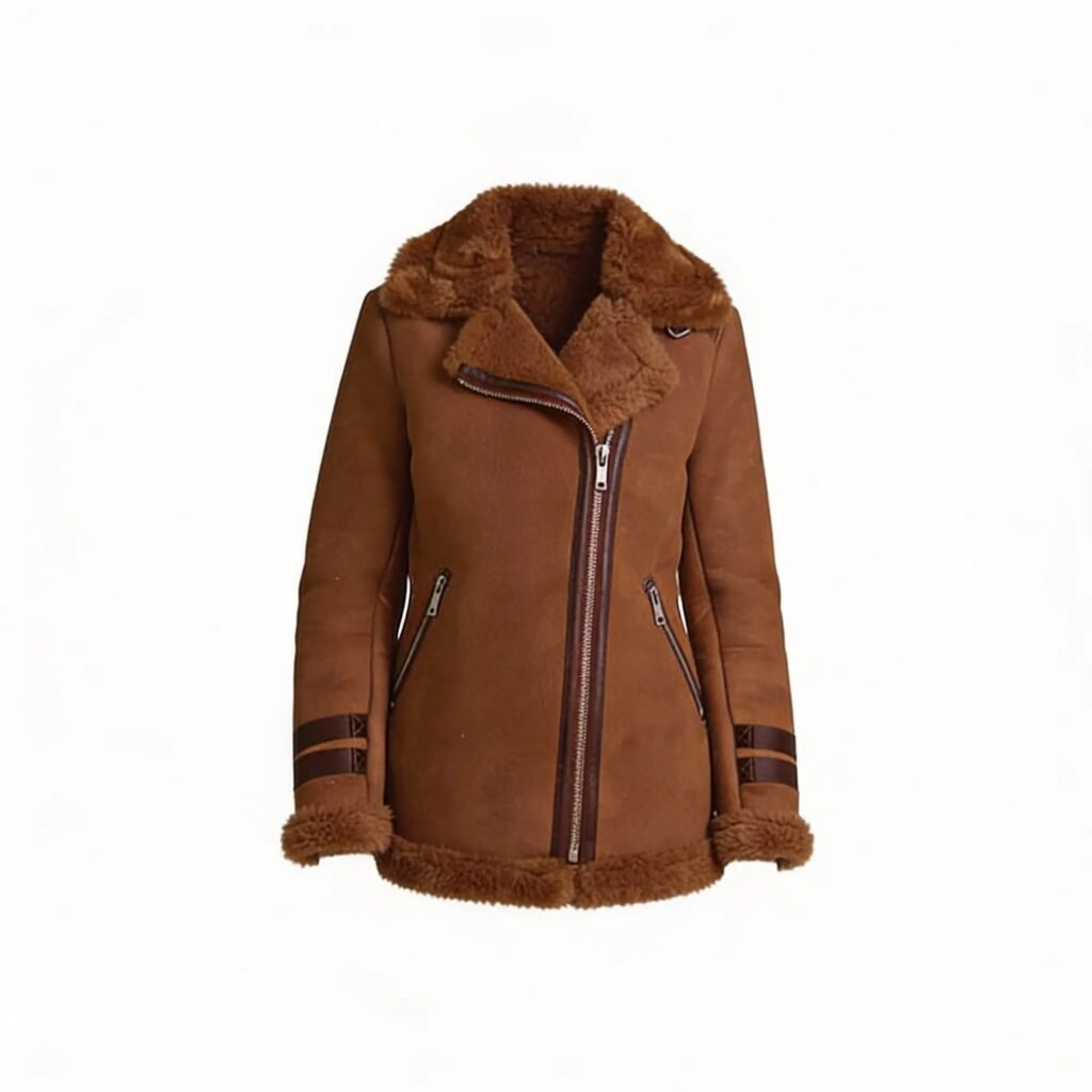 Women’s Brown Shearling Biker Suede Aviator Leather Jacket