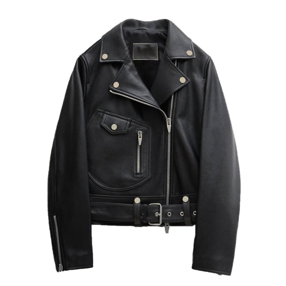 Women’s Buckle Belted Sheepskin Moto Jacket